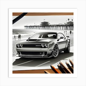 A Pencil Drawing Of A Dodge Hellcat At A Beach Front 2 Art Print