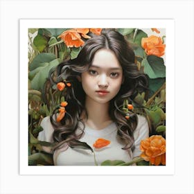 Asian Girl With Flowers Art Print