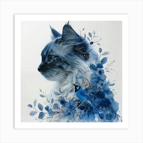 Blue Cat And Bird Art Print