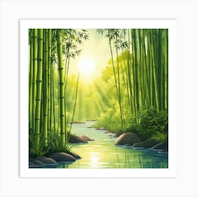 A Stream In A Bamboo Forest At Sun Rise Square Composition 390 Art Print