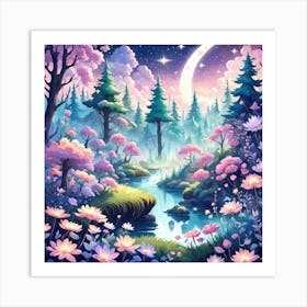 A Fantasy Forest With Twinkling Stars In Pastel Tone Square Composition 408 Art Print