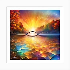 Abstract Color Illustration With A Autumn Sunrise Showing A Glas River And A Long Arch Bridge With Trees And Stars In The Sky 1 Art Print