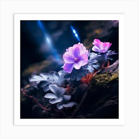 up close on a black rock in a mystical fairytale forest, alice in wonderland, mountain dew, fantasy, mystical forest, fairytale, beautiful, flower, purple pink and blue tones, dark yet enticing, Nikon Z8 1 Art Print