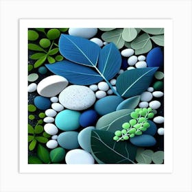 Blue Leaves And Stones Art Print