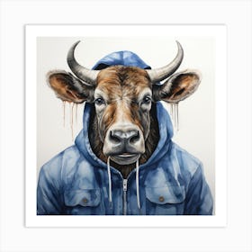 Watercolour Cartoon Wildebeest In A Hoodie 3 Art Print