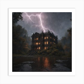 An Abandoned Large Palace In The Midst Of A Dark Forest With Eerie Rainy Weather And The Predomin Art Print