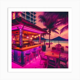 A Bar By The Beach At A Vacation Spot That Has Purple And Pink Colors In A Pop Art Style During The Night 4 Art Print