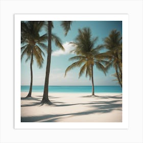 A Serene Beach With Turquoise Waters, Palm Trees, And White Sand Art Print