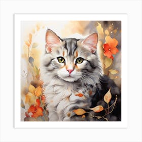 Cat In Autumn Leaves Art Print