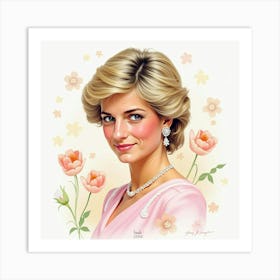 Princess Diana In A Watercolor Background Of Delicate Petals 1 Art Print