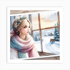 A Impressionistic and Soft Watercolor Painting of a Girl with Pearl Earrings and a Scarf, with a Snowy Landscape as a View Art Print