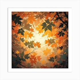 A Stylized Illustration Of Autumn Leaves In Shades Of Orange And Green, Viewed From Below Against A Warm, Sunlit Sky Art Print