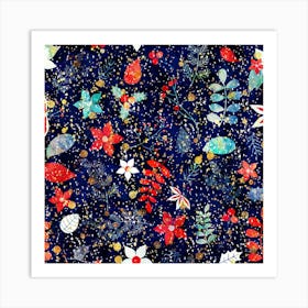 Festive Floral Pattern Christmas Blue Floral Flower Art Print