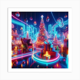 Neon Christmas Scene Art Print