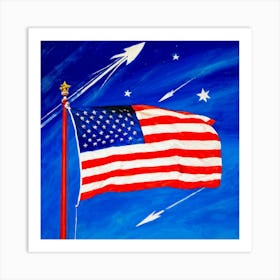 American Flag Unfurled Against A Clear Blue Sky Stars Centered Stripes Flowing Gracefully Overlai (1) Art Print