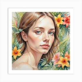 Watercolor Of A Girl With Flowers 5 Art Print