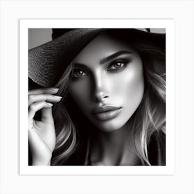 The Girl In The Hat 3/4 (beautiful female lady model black and white portrait close up face) Art Print