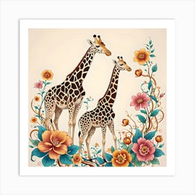 Two Giraffes Between Orange, Turquoise and Pink Flower Art Print