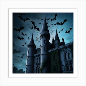 A Foreboding American Gothic Style Castle Stands Tall Amidst An Eerie, Moonless Night, Its Turrets And Spires Silhouetted Against A Dark, Gradient Blue Sky, With A Flurry Of Bats Taking Flight Around The Structure Art Print