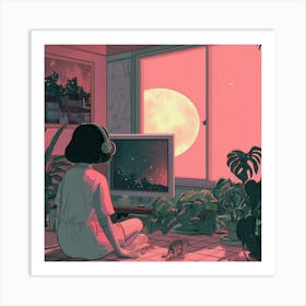 Girl Watching The Moon Art Print