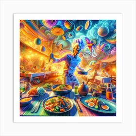A Psychedelic Culinary Scene Showcasing A Variety Of Local Dishes From An Unspecified Area, With Vibrant Plates Of Regional Cuisine Art Print