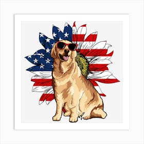 Trending Golden Retriever Sunflower American Flag 4th Art Print