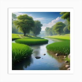 River In A Green Field 1 Art Print