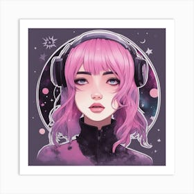 Pink Haired Girl With Headphones Art Print