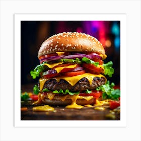 Burger On A Wooden Table Art Print