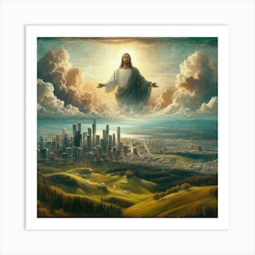 Jesus In The Clouds Over City In The Valley Art Print