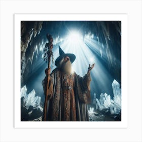 Wizard casting a spell in a cave Art Print