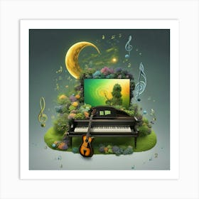 Guitar and Piano In The Garden with Moon in Background Art Print