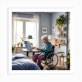 Elderly Woman In Wheelchair Using Laptop Art Print