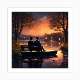 Couple On A Boat At Night 1 Art Print