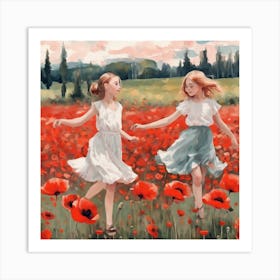 Two Girls In A Poppy Field 1 Art Print