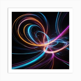 A dynamic and energetic abstract composition of glowing light trails in neon colors, swirling and overlapping in a dark background. The image should convey speed, energy, and a sense of modernity. 2 Art Print