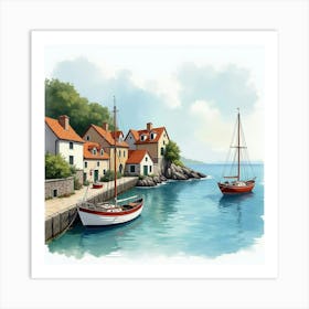 Scenic Coastal Village In Watercolor, With Fishing Boats And Quaint Houses Art Print