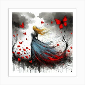 Girl With Red Butterflies 2 Art Print