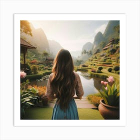 Asian Girl in Beautiful Garden Landscape Art Print