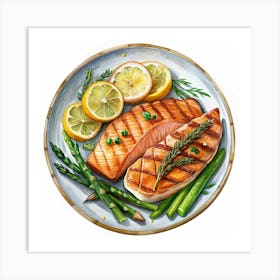 Grilled Salmon With Asparagus And Lemon Slices Art Print