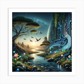 Twilight Nexus: The Dance of Nature and Innovation Art Print