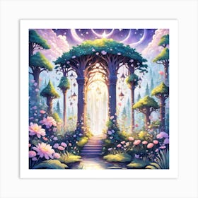 A Fantasy Forest With Twinkling Stars In Pastel Tone Square Composition 70 Art Print