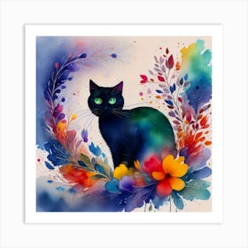 Black Cat With Flowers 4 Art Print