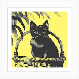 Black Kitty Cat In A Basket Yellow  1 Art Print