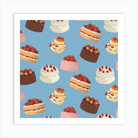 Cakes On A Blue Background Art Print