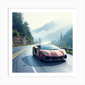 Sleek Supercar On A Misty Mountain Road, Watercolor Painting 1 Art Print