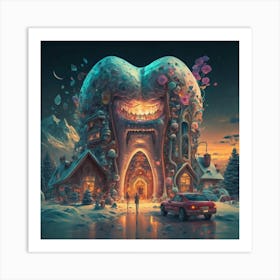 , a house in the shape of giant teeth made of crystal with neon lights and various flowers 8 Art Print