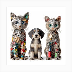 Three Cats And A Dog Art Print