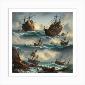 Four Ships In The Sea Art Print