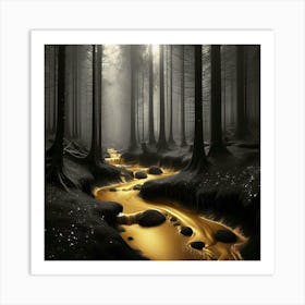 Golden Stream In The Forest Art Print